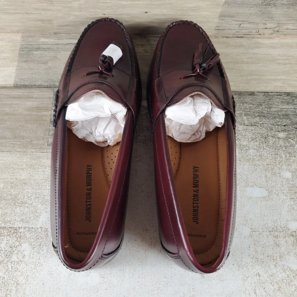 Johnston & Murphy Hayes Tassel Mens Loafer Sz 10.5 M Burgundy Leather Slip-On